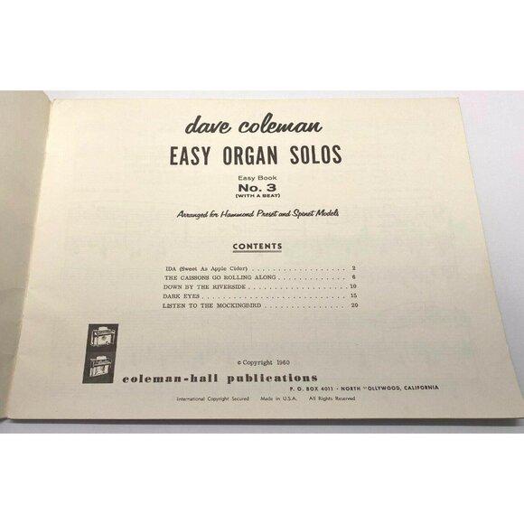 Dave Coleman Easy Organ Solos Book With A Beat #3 Hammond Preset & Spinet Models - Picture 2 of 7